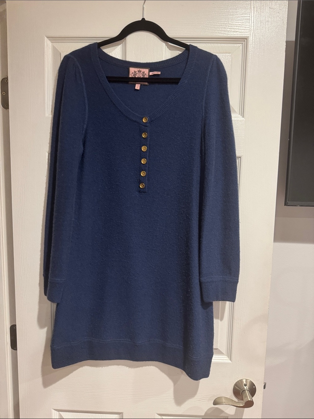 Juicy Couture Navy Blue Long-Sleeve Knit Dress with Button Placket size l